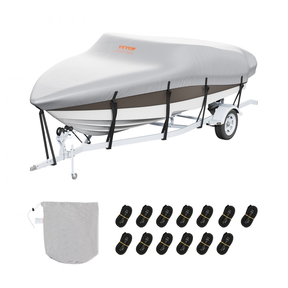 VEVOR Boat Cover, 17'-19' Trailerable Waterproof Boat Cover, 600D Marine Grade PU Oxford, with Motor Cover and Buckle Straps, for V-Hull, Tri-Hull, Runabout, Bass Boat, Fish Ski Boat, Grey - TYCZ600D1719PWYFKV0