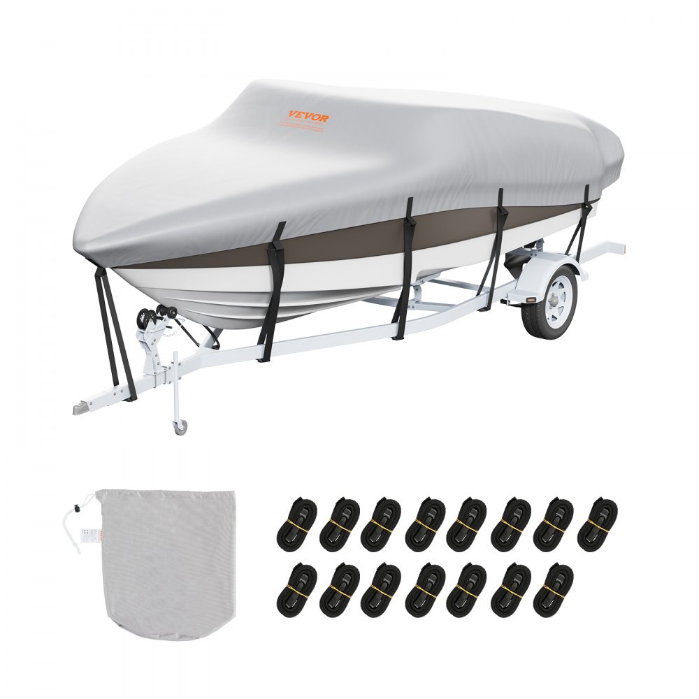 VEVOR Boat Cover, 20'-22' Trailerable Waterproof Boat Cover, 600D Marine Grade PU Oxford, with Motor Cover and Buckle Straps, for V-Hull, Tri-Hull, Fish Ski Boat, Runabout, Bass Boat, Grey - TYCZ600D2022LARNLV0