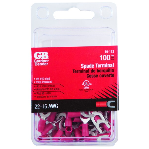 Terminal de lengüeta Gardner Bender, 600 V, Cable de 22 a 18 AWG, 8 a 10 Perno, Aislamiento de vinilo, Rojo - 10-112