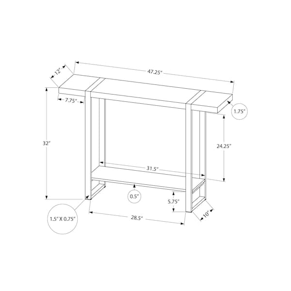 Monarch Specialties Accent Table, 47.25 W, 32 H, Mdf, Hollow-Core, Laminate, Metal, Particle Board, Black - I 2861