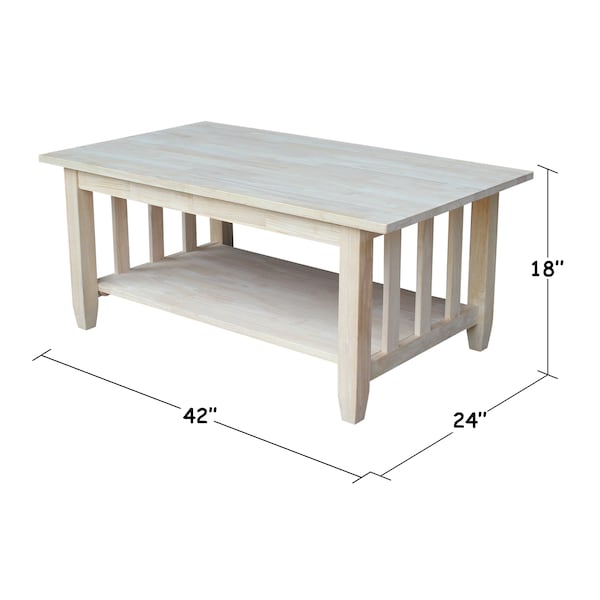 International Concepts Rectangle Mission Tall Coffee Table, 42 in W, 24 in L, 18 in H, Wood, Unfinished - BJ6TC