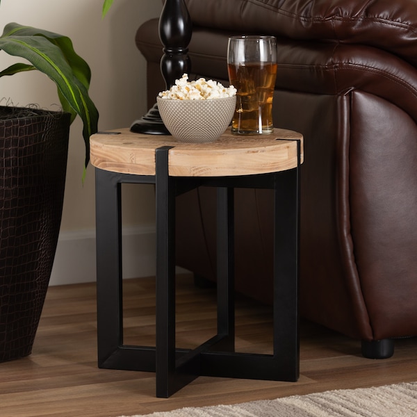 Baxton Studio Horace Rustic and Industrial Natural Brown Finished Wood and Black Finished Metal End Table - 179-11408-ZORO