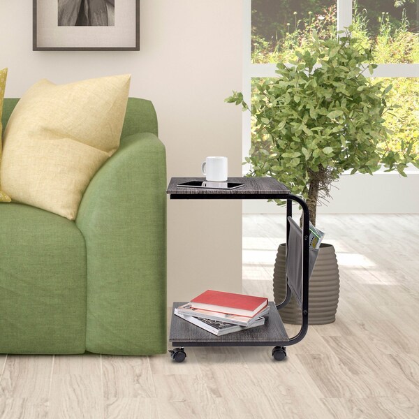 Seville Classics Rolling End Table and MDF Wood Nightstan, 20 in W, 12.9 in L, 22.2 in H, MDF, Metal, Ashwood, Black - WEB686