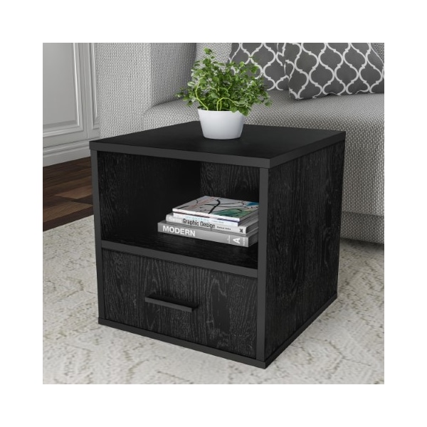 Hastings Home End Table, Stackable Contemporary Minimalist Cube Accent Table with Drawer Home/Office (Black) - 878142SWD