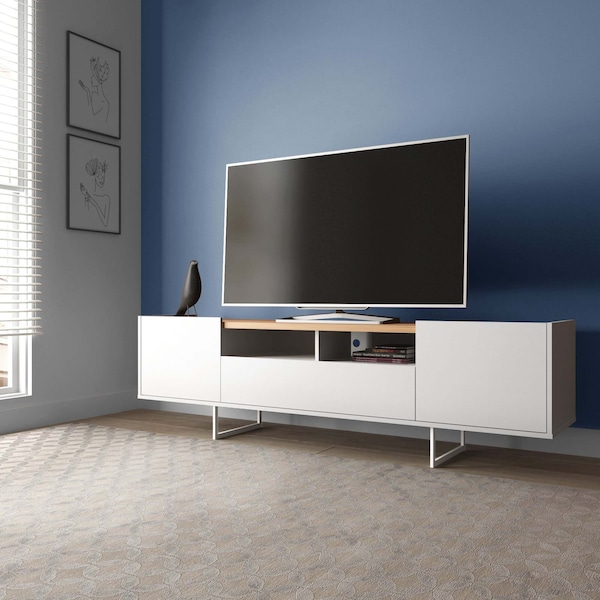 Manhattan Comfort Winston 70.86 TV Stand with 6 Shelves in White and Cinnamon - 223851