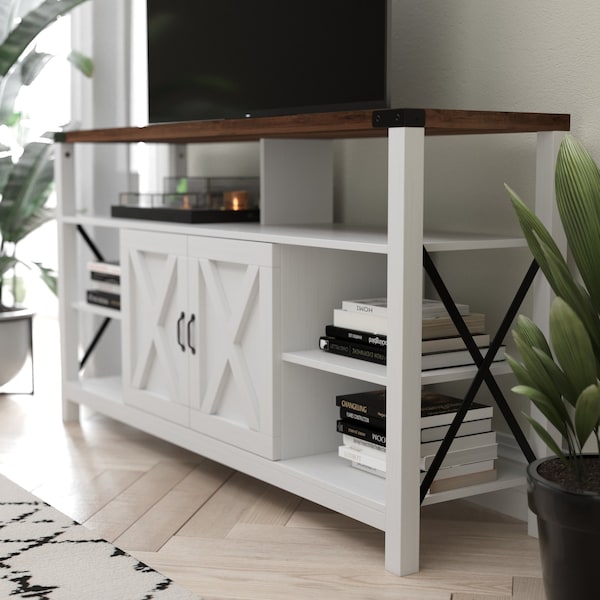 Flash Furniture 60" White/Rustic TV Stand with Storage Shelves - ZG-025-WH-GG