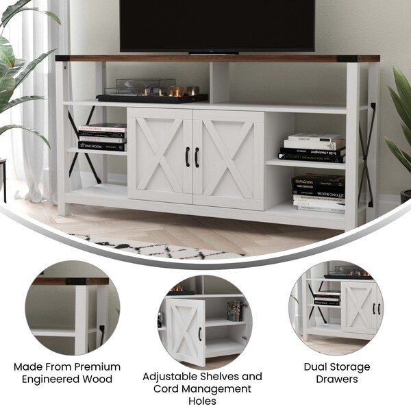 Flash Furniture 60" White/Rustic TV Stand with Storage Shelves - ZG-025-WH-GG