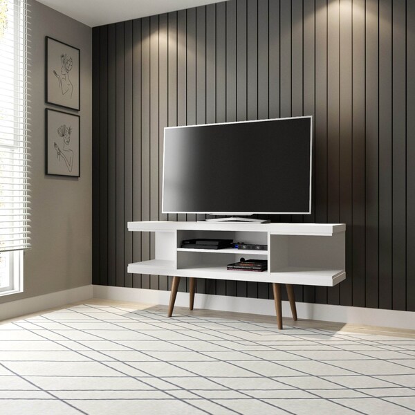 Manhattan Comfort Utopia 53.14" TV Stand with Splayed Wooden Legs and 4 Shelves in White - 19654