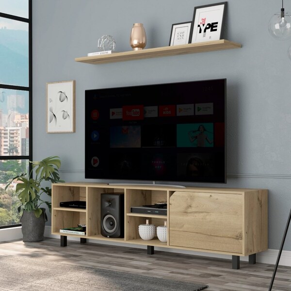 Tuhome Valdivia Tv Stand for TV's up 70 in. Four Open Shelves, Five Legs, Light Oak - RLD6712