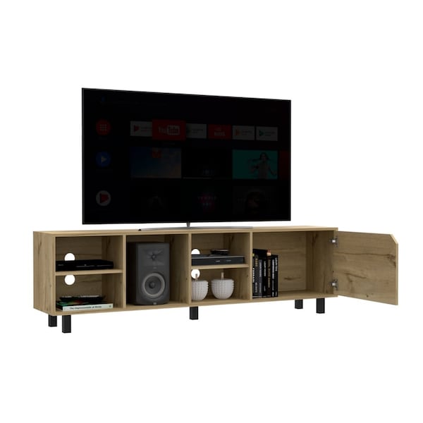 Tuhome Valdivia Tv Stand for TV's up 70 in. Four Open Shelves, Five Legs, Light Oak - RLD6712