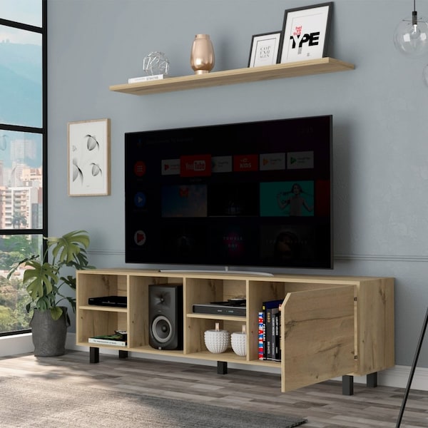Tuhome Valdivia Tv Stand for TV's up 70 in. Four Open Shelves, Five Legs, Light Oak - RLD6712