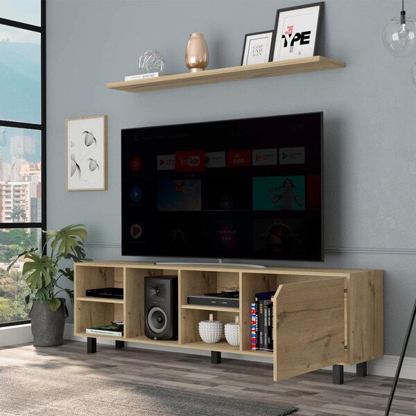 Tuhome Valdivia Tv Stand for TV's up 70 in. Four Open Shelves, Five Legs, Light Oak - RLD6712