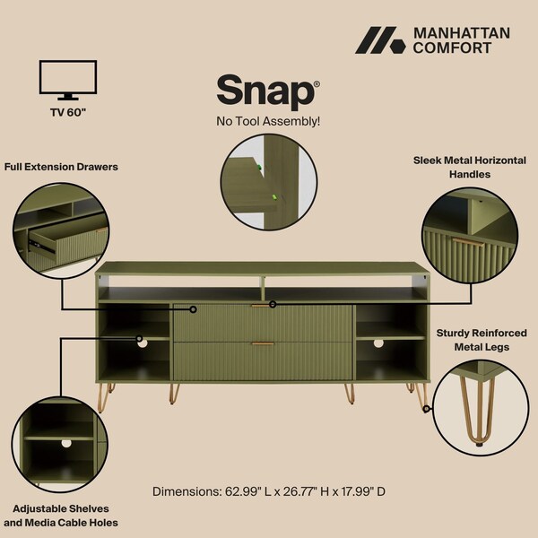 Manhattan Comfort DUMBO 63in TV Stand in Olive Green - TV001-OG