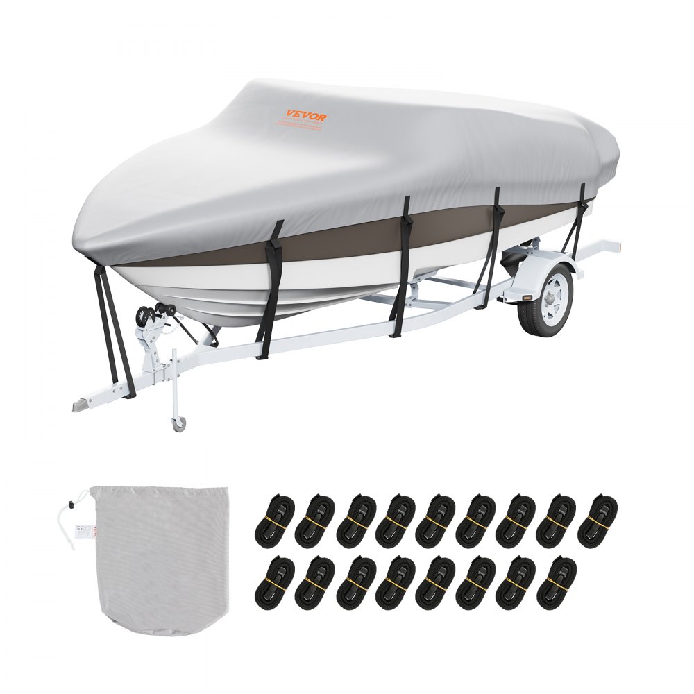 VEVOR Boat Cover, 23'-24' Trailerable Waterproof Boat Cover, 600D Marine Grade PU Oxford, with Motor Cover and Buckle Straps, for V-Hull, Tri-Hull, Fish Ski Boat, Runabout, Bass Boat, Grey - TYCZ600D2324S51Q4V0