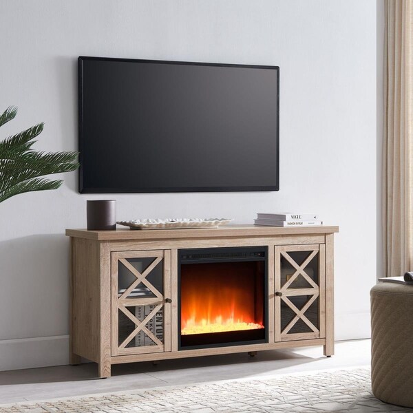 Hudson & Canal 55 in. Colton Rectangular TV Stand with Crystal Fireplace White Oak - TV1442