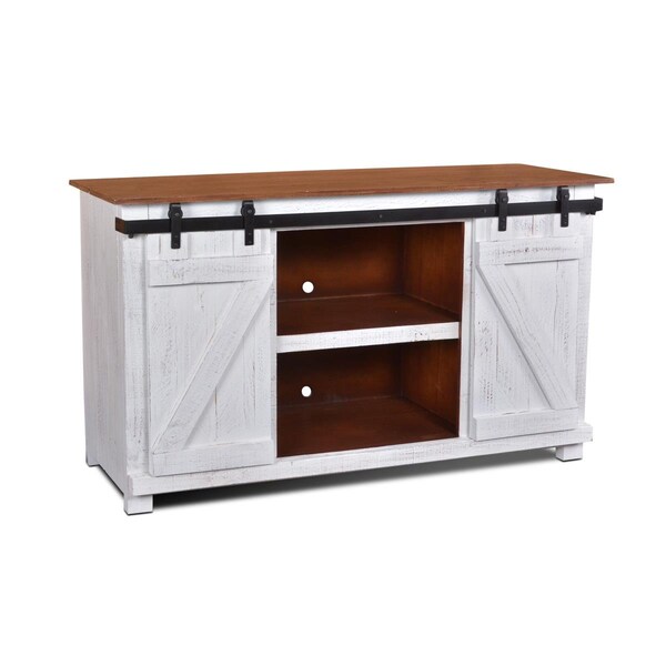 Fine-Line Stowe Barn Door Console - Media Cabinet & TV Stand Rustic White & Brown Solid Wood - FI2495715