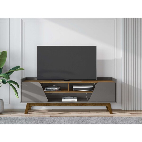 Manhattan Comfort Mid-Century Modern Marcus 62.99 TV Stand with Solid Wood Legs in Grey and Nature - 260BMC50
