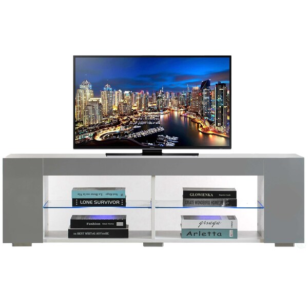 Basicwise White Entertainment TV Stand with LED Lights and Glass Shelves with UV Frame - QI004417L