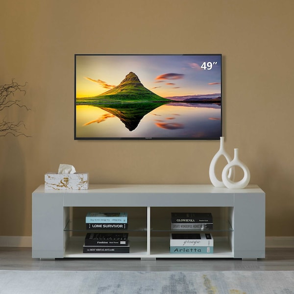 Basicwise White Entertainment TV Stand with LED Lights and Glass Shelves with UV Frame - QI004417L
