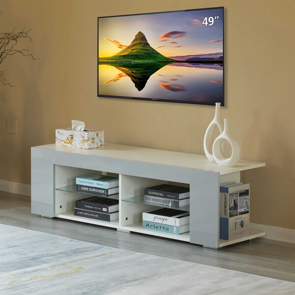 Basicwise White Entertainment TV Stand with LED Lights and Glass Shelves with UV Frame - QI004417L