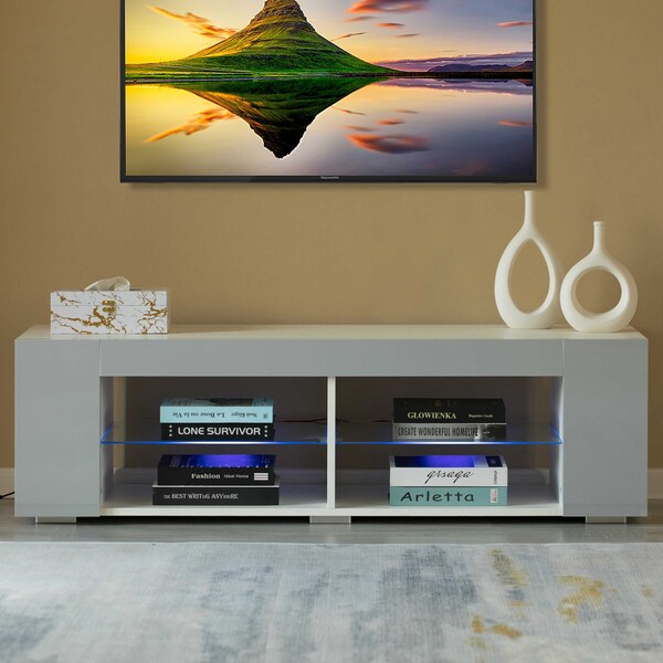 Basicwise White Entertainment TV Stand with LED Lights and Glass Shelves with UV Frame - QI004417L