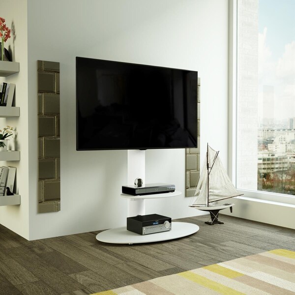 Seatsolutions Combi Lugano Oval Pedestal TV Stand - Satin White & White Glass - SE3321046