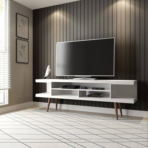 Manhattan Comfort Utopia 70.47" TV Stand with Splayed Wooden Legs and 4 Shelves in White - 19754