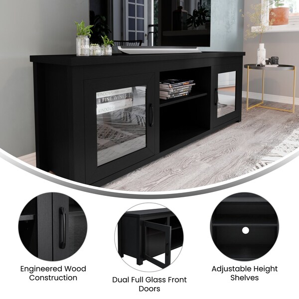Flash Furniture Sheffield Classic TV Stand for up to 80in. TVs - Modern Black Finish w/Full Glass Doors - 3 Shelves - GC-MBLK65-BLK-GG