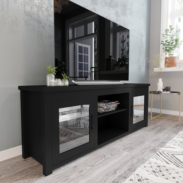 Flash Furniture Sheffield Classic TV Stand for up to 80in. TVs - Modern Black Finish w/Full Glass Doors - 3 Shelves - GC-MBLK65-BLK-GG