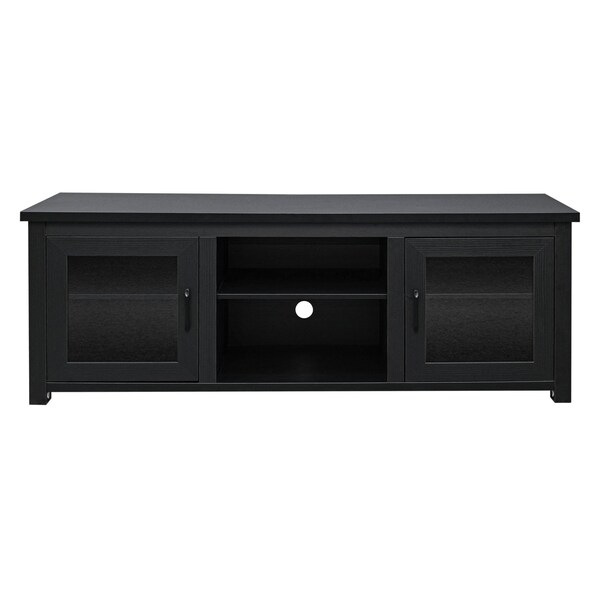 Flash Furniture Sheffield Classic TV Stand for up to 80in. TVs - Modern Black Finish w/Full Glass Doors - 3 Shelves - GC-MBLK65-BLK-GG