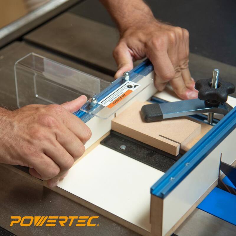 Trineo para sierra de mesa POWERTEC para piezas pequeñas, alta precisión, cortes pequeños - 71590.
