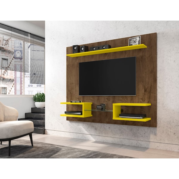 Manhattan Comfort Plaza 64.25 Floating Entertainment Center, Rustic Brown and Yellow - 224BMC94