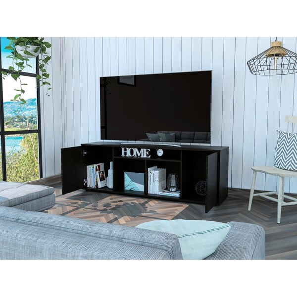 Tuhome Prana Tv Stand fot TV's up 60 in. Four Shelves, Two Cabinets With Single Door, Black - RLW5600