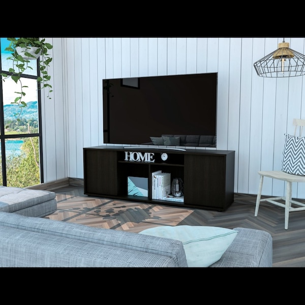 Tuhome Prana Tv Stand fot TV's up 60 in. Four Shelves, Two Cabinets With Single Door, Black - RLW5600