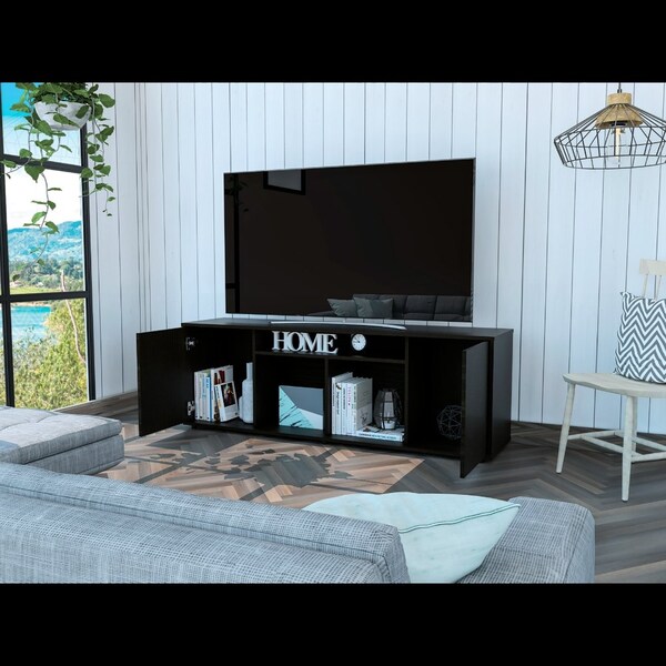 Tuhome Prana Tv Stand fot TV's up 60 in. Four Shelves, Two Cabinets With Single Door, Black - RLW5600