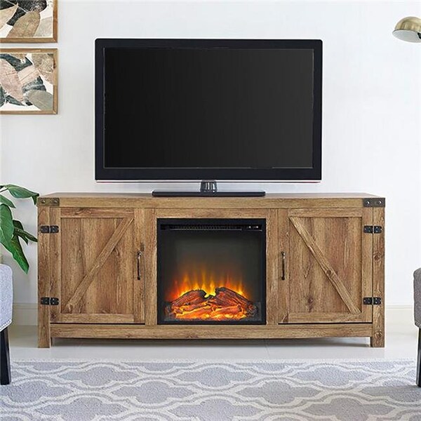 Walker Edison Furniture Walker Edison W58FPBDBW 58 in. Barn Door Fireplace TV Stand - Barnwood - W58FPBDBW