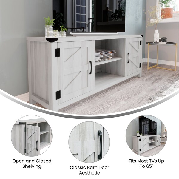 Flash Furniture Charlotte Modern Farmhouse Barn Door TV Stand in Light Gray for TV's up to 65in. w/Adjustable Shelf - GC-MBLK67-LTGY-GG