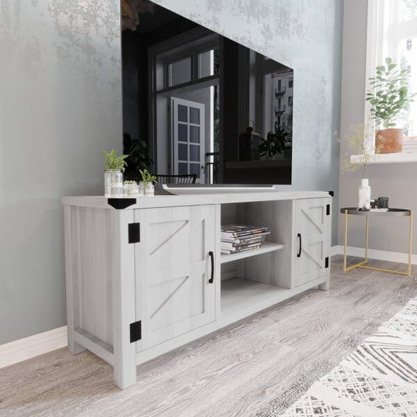 Flash Furniture Charlotte Modern Farmhouse Barn Door TV Stand in Light Gray for TV's up to 65in. w/Adjustable Shelf - GC-MBLK67-LTGY-GG