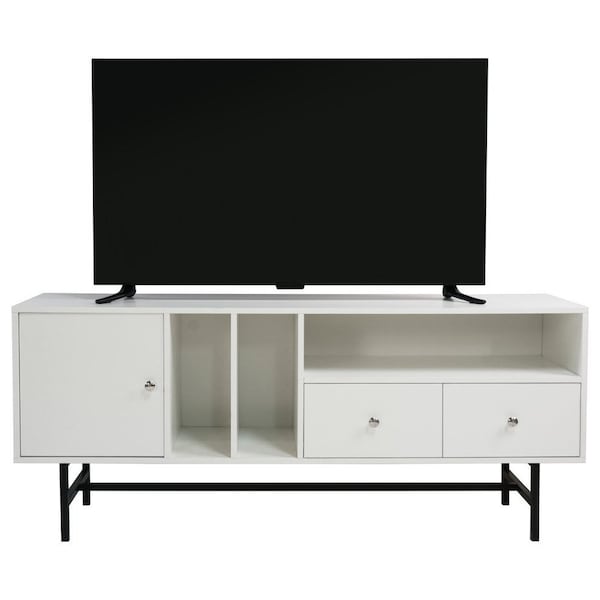Leisuremod Rochester Rectangular TV Stand with Enclosed Storage and Powder Coated Iron Legs, White - RTS60W
