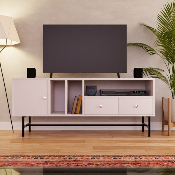 Leisuremod Rochester Rectangular TV Stand with Enclosed Storage and Powder Coated Iron Legs, White - RTS60W