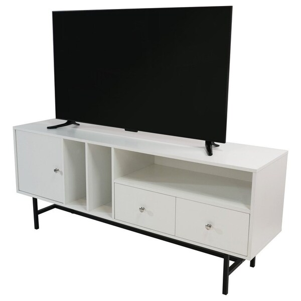 Leisuremod Rochester Rectangular TV Stand with Enclosed Storage and Powder Coated Iron Legs, White - RTS60W