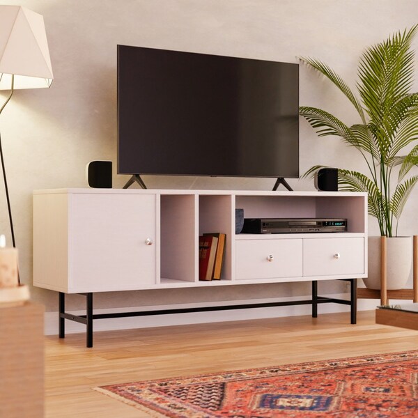 Leisuremod Rochester Rectangular TV Stand with Enclosed Storage and Powder Coated Iron Legs, White - RTS60W