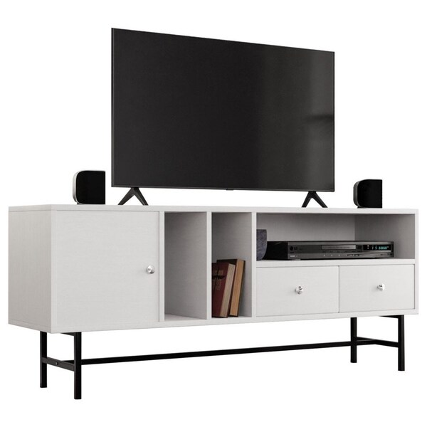 Leisuremod Rochester Rectangular TV Stand with Enclosed Storage and Powder Coated Iron Legs, White - RTS60W