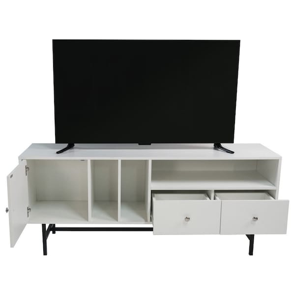 Leisuremod Rochester Rectangular TV Stand with Enclosed Storage and Powder Coated Iron Legs, White - RTS60W