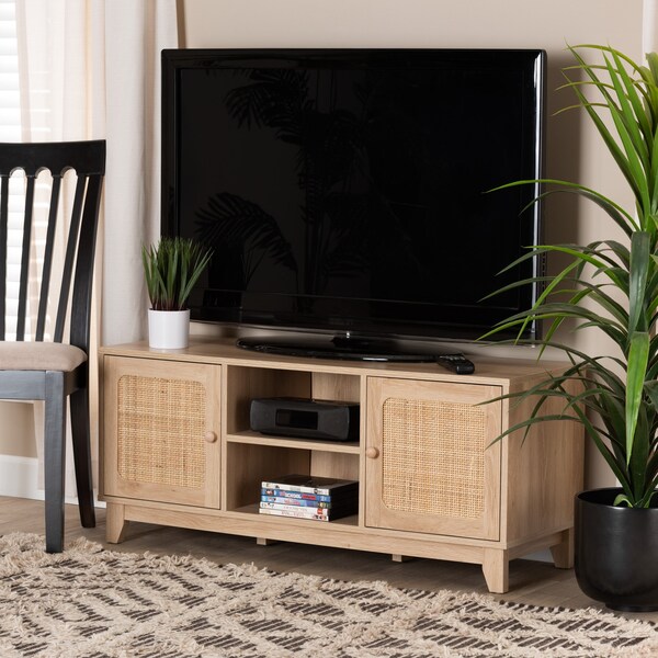 Baxton Studio Elsbeth Mid-Century Modern Light Brown Finished Wood and Natural Rattan 2-Door TV Stand - 226-12952-ZORO