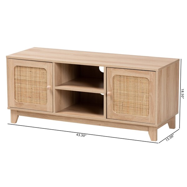 Baxton Studio Elsbeth Mid-Century Modern Light Brown Finished Wood and Natural Rattan 2-Door TV Stand - 226-12952-ZORO