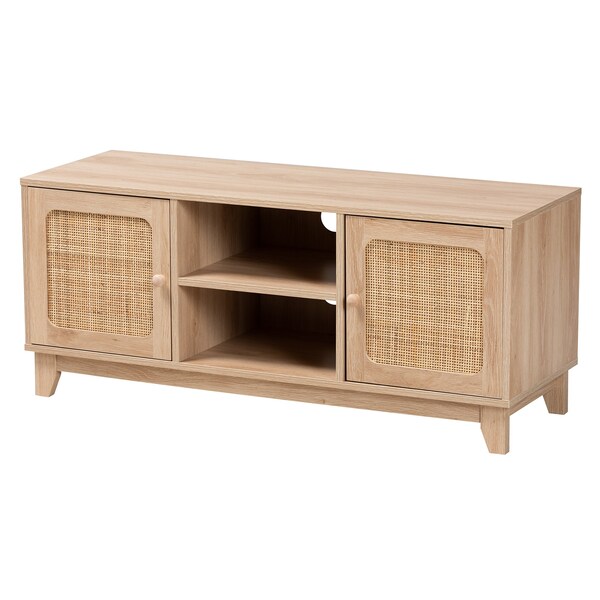 Baxton Studio Elsbeth Mid-Century Modern Light Brown Finished Wood and Natural Rattan 2-Door TV Stand - 226-12952-ZORO
