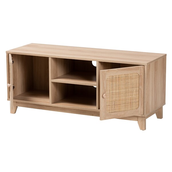 Baxton Studio Elsbeth Mid-Century Modern Light Brown Finished Wood and Natural Rattan 2-Door TV Stand - 226-12952-ZORO