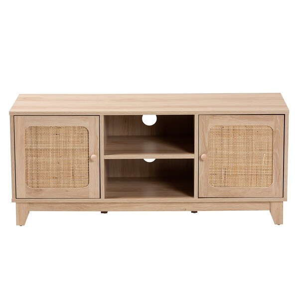 Baxton Studio Elsbeth Mid-Century Modern Light Brown Finished Wood and Natural Rattan 2-Door TV Stand - 226-12952-ZORO