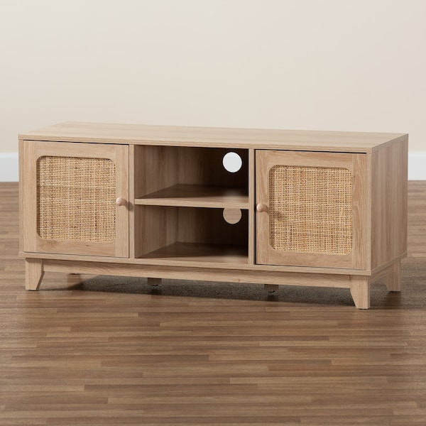 Baxton Studio Elsbeth Mid-Century Modern Light Brown Finished Wood and Natural Rattan 2-Door TV Stand - 226-12952-ZORO